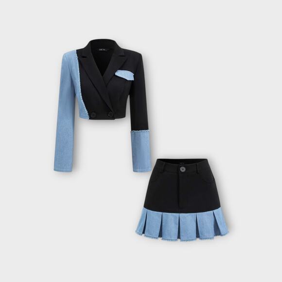 Color Block Patchwork Denim Notched Lapel Blazer & Skirt Set – Micas XL - Picture 1 of 8